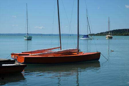 View of boats on Balaton lake, Hungaryの写真素材