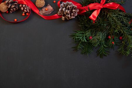 Christmas decor on black with copyspaceの写真素材