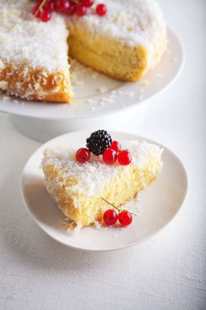 Piece of Homemade coconut cake on a white plate.の写真素材