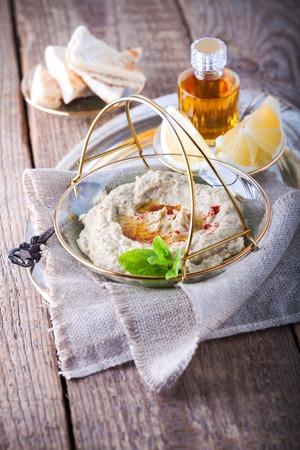 Baba ghanoush, eggplant dip mediterranean food on the napkinの写真素材