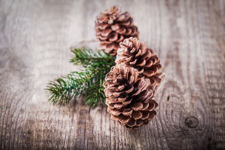 Natural wooden background with pine cones  and branchの写真素材