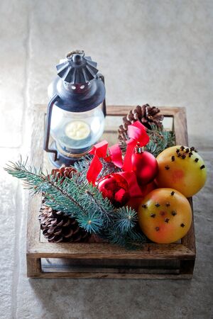 Christmas symbols as grapefruits in wooden boxの写真素材
