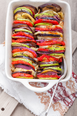 Tian vegetable casserole served on a napkinの写真素材