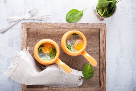 Baked eggs with spinachの写真素材