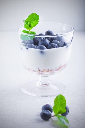 Yogurt with fresh blueberry and muesliの写真素材