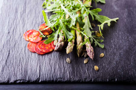 Asparagus salad with chorizoの写真素材