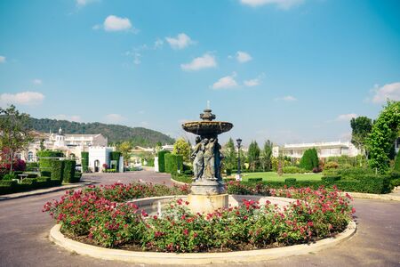 water from a fountain with the blue sky as backgroundの写真素材