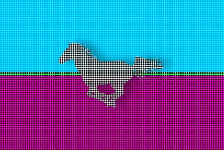 Dotted silhouette of a running horse over colored backgroundの写真素材