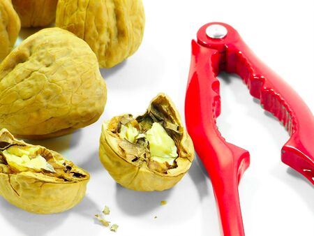 Nuts and nutcracker over white background