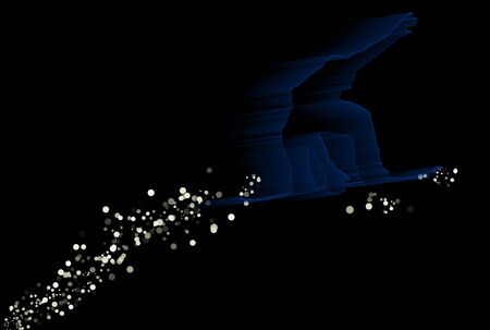 Silhouette of a snowboarder with snow trail over black backgroundの写真素材