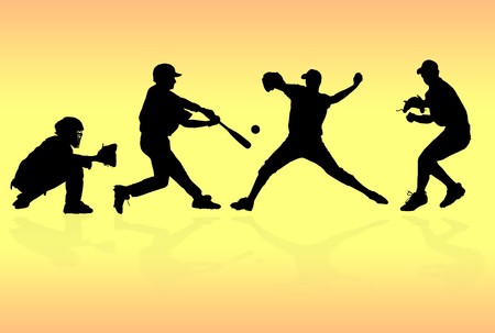 Baseball player silhouettes over orange and yellow backgroundの写真素材