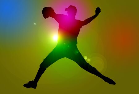 Silhouette of a baseball player over dark background with lens flareの写真素材