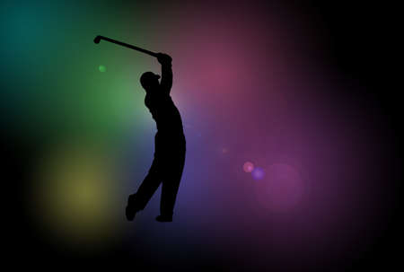 Golf player silhouette over dark background with lens flareの写真素材