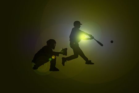 Baseball players with silhouettes over dark background with lens flareの写真素材