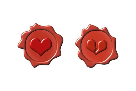 Valentine seals with hearts one of them broken over white backgroundの写真素材