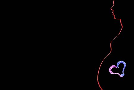 Outline profile of a pregnant woman over black background with heart made of blue and pink question marksの写真素材