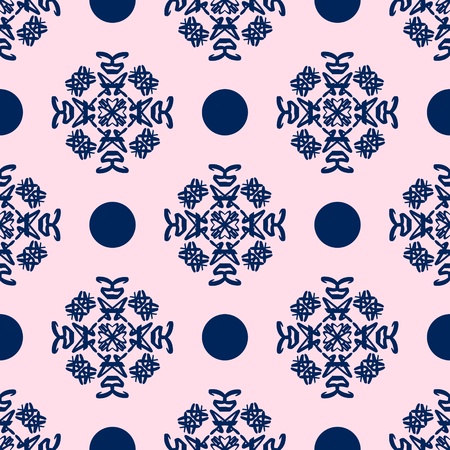 Damask seamless pattern with blue design over pale pink backgroundの写真素材