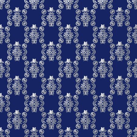 Damask seamless pattern with silver design over dark blue backgroundの写真素材