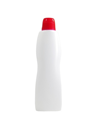 White plastic bottle with red cap isolated over white backgroundの写真素材