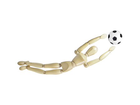 Wood puppet goalkeeper isolated over white backgroundの写真素材
