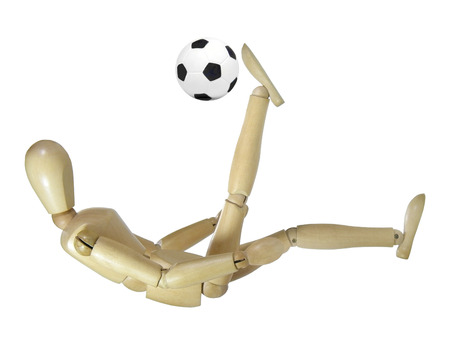 Wood puppet overhead kick isolated over white backgroundの写真素材