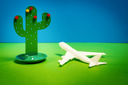 colorful holiday background with a small toy cactus and a white airplane