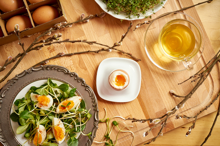 Spring and Easter breakfast with eggs and cress sprouts with tea and sprouts on wooden backgroundの写真素材