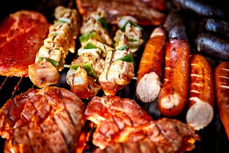 Different types of juicy meats on hot coals on the grill in gardenの写真素材