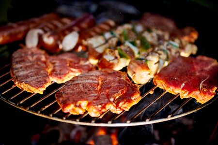 Different types of juicy meats on hot coals on the grill in gardenの写真素材