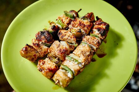 Juicy grilled chicken skewers on green plate on hot summer dayの写真素材