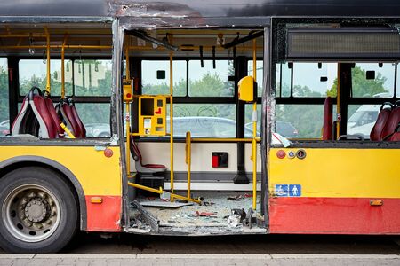 View of devastated city bus after road accident in the city.の写真素材