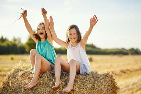 two charming girls are sitting on a roll of mown rye in a field