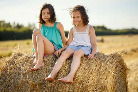 two charming girls are sitting on a roll of mown rye in a fieldの写真素材