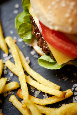 delicious cheeseburger surrounded by french fries on a black tableの写真素材