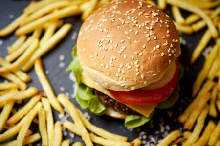 delicious cheeseburger surrounded by french fries on a black tableの写真素材
