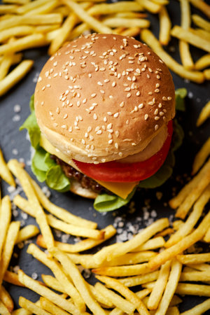 cheeseburger surrounded by french fries on a black tableの写真素材