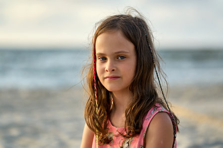 Family vacation sunset happy together at the beach. High quality photoの写真素材