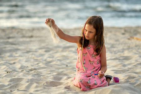 Family vacation sunset happy together at the beach. High quality photoの写真素材