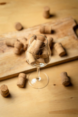 Bunch of wine corks in glass on wooden tableの写真素材