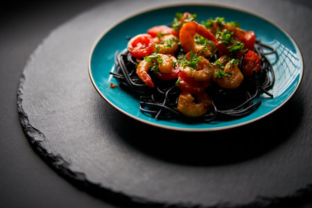 delicious fried shrimp with black spaghetti noodlesの写真素材