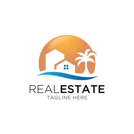house and beach illustration logo design vector template.Coastal house logo inspirationのイラスト素材