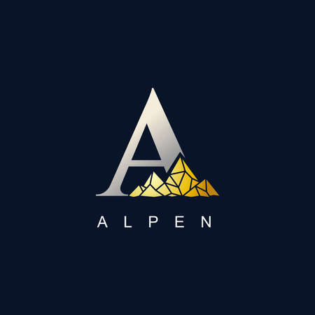 Letter A with golden mountain illustration logo design templateのイラスト素材