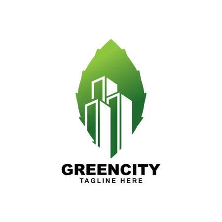 building with leaf logo design template.green city concept icon inspirationのイラスト素材