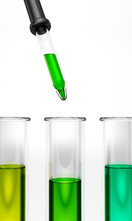 Test tubes with pipette - colored - green - yellow - cyan - ehec - virus - chemical test - science の写真素材