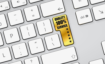 golden glossy quality stars button on white keyboardの写真素材