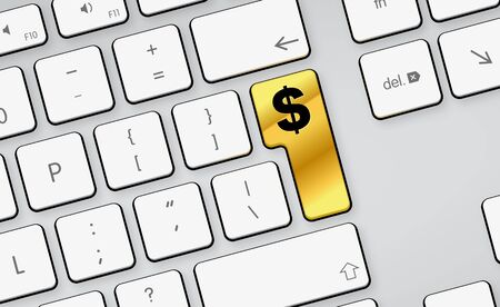 golden glossy dollar button on white keyboardの写真素材