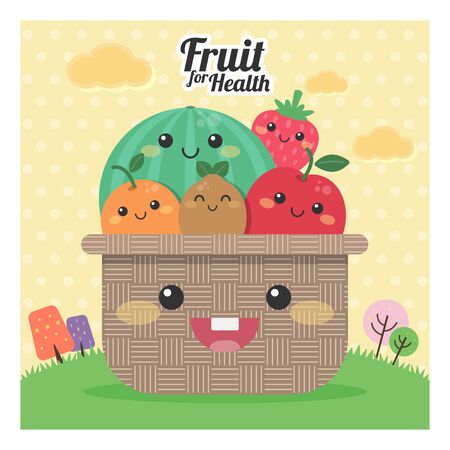 Cute Fruit for health. Many fruit in basket. watermelon, orange, kiwi, strawberry, apple. cute background. colorful world. flat design modern vector illustration concept.のイラスト素材