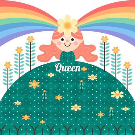 queen of colorful forest. create moisture for nature. beautiful world with trees and flowers. Rainbow of life. The woman who brightens the world. flat design vector illustration conceptのイラスト素材