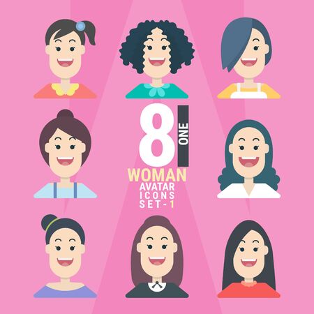 8 Woman Avatar icons.Variety of Young People. With a variety of characters including face, dress, and unique style as if collecting characters for your various uses. You can choose and can be used easily. flat design modern vector illustration concept.のイラスト素材