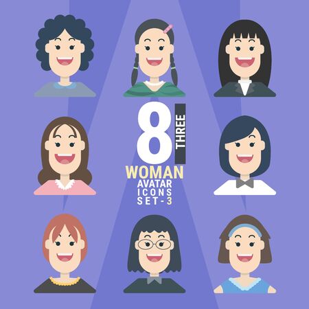 8 Woman Avatar icons.Variety of Young People. With a variety of characters including face, dress, and unique style as if collecting characters for your various uses. You can choose and can be used easily. flat design modern vector illustration concept.のイラスト素材